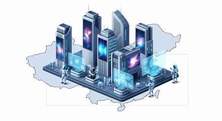 Futuristic Cityscape with Advanced Technology and Robotics in a Digital World