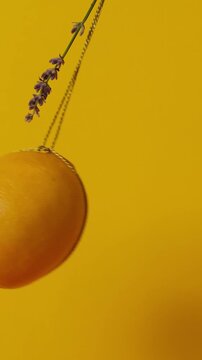 A lemon swings from side to side like a pendulum with a lavender branch on a shiny gift rope on a yellow background