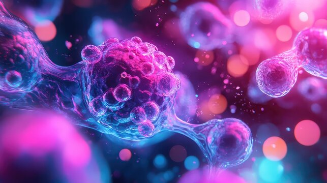 Abstract microscopic cells mutating and dividing in neon light