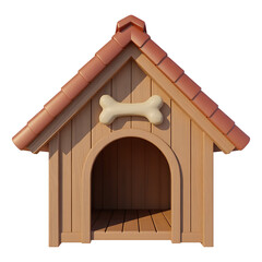 Detailed wooden dog house with red tiled roof and bone decoration isolated on transparent background