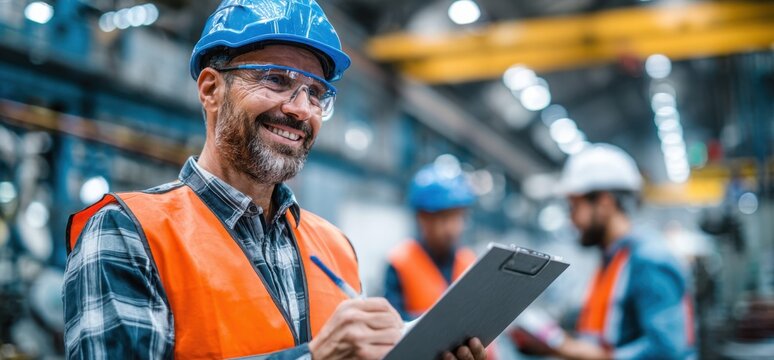 a professional worker in an industrial plant is talking to his colleagues while holding a clipboard and wearing safety glasses.
