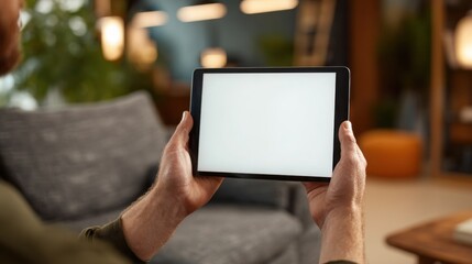 a man is holding a blank tablet with a white screen for a mockup presentation in a living room at home, with a close-up view.