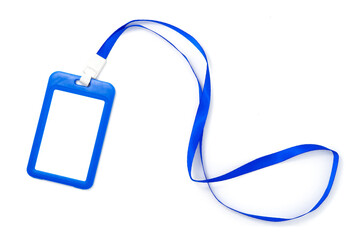 Blue plastic badge with blue ribbon. Template designed for employees and guests of company. ID card isolated on white background