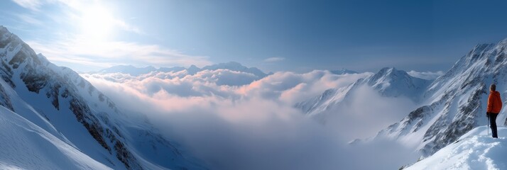 Spectacular mountain view with snow and clouds captured by male adventurer