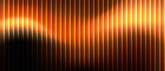Abstract grainy ribbed glass background in golden orange tones with glossy curved texture, vertical...