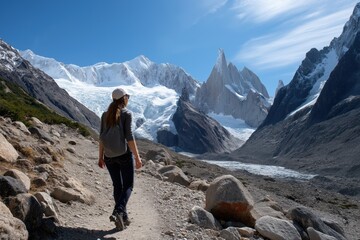 Female adventurer hiking through majestic snow-capped mountain range