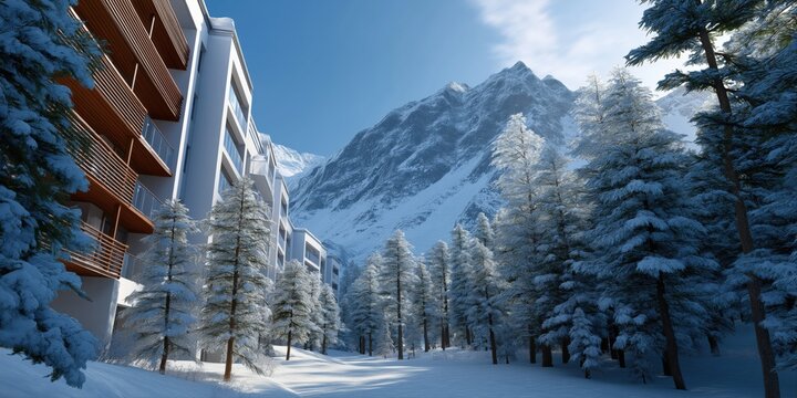 Snow-covered mountain and pine trees near modern apartment buildings