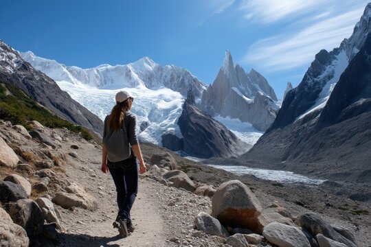 Female adventurer hiking through majestic snow-capped mountain range