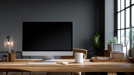 black blank screen computer mockup on a wooden desk with office, with copy space for text. background of a grey wall and window light.