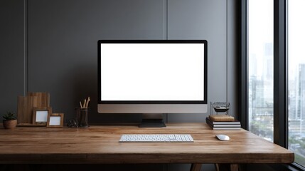black blank screen computer mockup on a wooden desk with office, with copy space for text. background of a grey wall and window light.