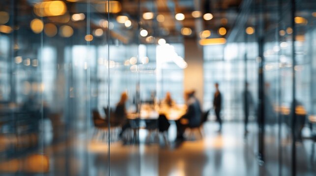 blurred background of a business meeting in a modern office with a glass door and people sitting at a table, a group talking during a conference or meeting.