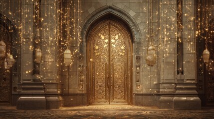 Fototapeta premium Beautiful ornate doors adorned with golden patterns and decorative lanterns in a luxurious setting with glowing lights