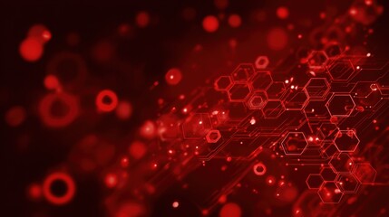 Visual representation of abstract red digital patterns with hexagonal shapes and bright circles creating a dynamic design