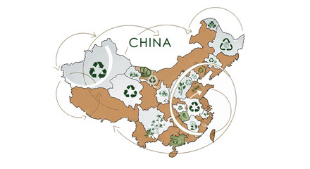 Visualizing China's Circular Economy An illustrative map showcasing nationwide recycling initiatives and sustainable resource management strategies across its provinces