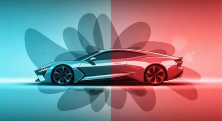 Sleek sports car with a futuristic design split between cool blue and warm red lighting reflecting on a smooth surface