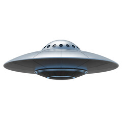 Silver metallic flying saucer shaped ufo alien spacecraft isolated on transparent background