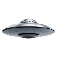 Classic silver flying saucer alien spacecraft with dome and lights isolated on transparent background