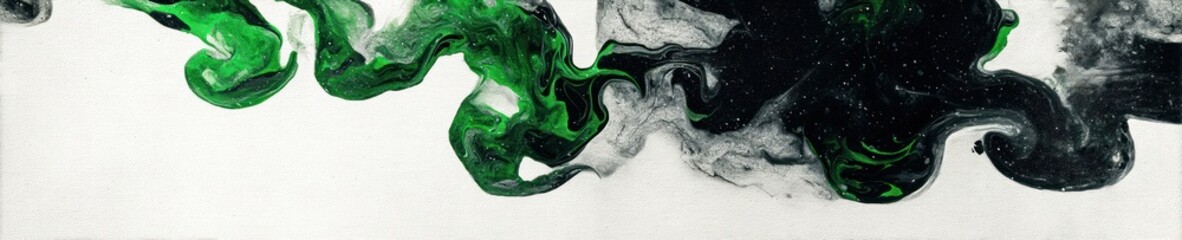 Swirling, abstract, fluid ink in shades of green and black against a white background
