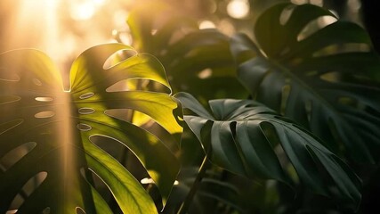 Golden sunbeams shine through lush green tropical leaves in a forest - Powered by Adobe