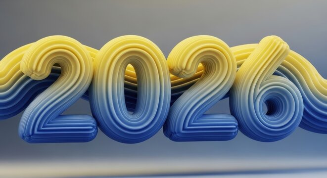 Stylized 2026 number design layered 3D rendering in blue and yellow for new year or future event