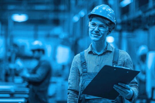 Engineer in overalls and a helmet with glasses, holding a clipboard in the background of a production line, inside a factory with a blue color theme.