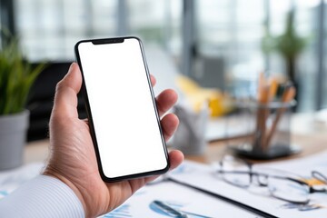 Close-up of a person holding a smartphone with white blank screen at a wooden office desk surrounded by work accessories.