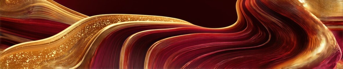 A flowing, abstract composition featuring rich gold and deep red hues. Swirling forms create texture