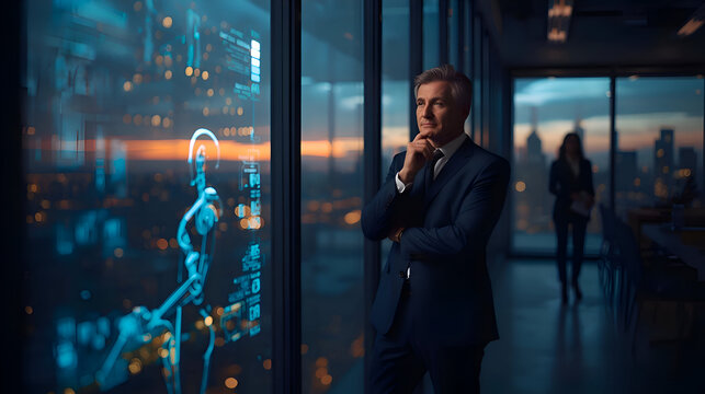 Contemplative ceo in modern office ponders use of ai technology to replace employees. He looks at futuristic data hologram with city view at dusk