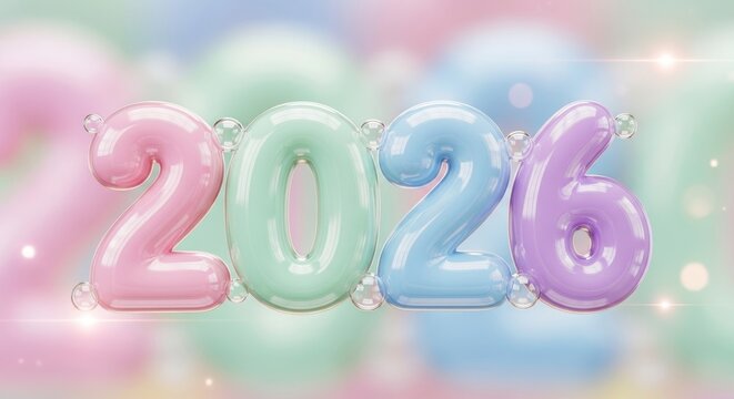 Pastel 2026 balloon numbers celebrating the new year perfect for festive backgrounds and greeting cards