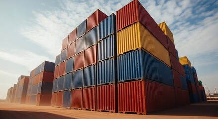 Fototapeta premium Shipping Containers Stacked in Rows at a Port Logistics and Transportation Concept