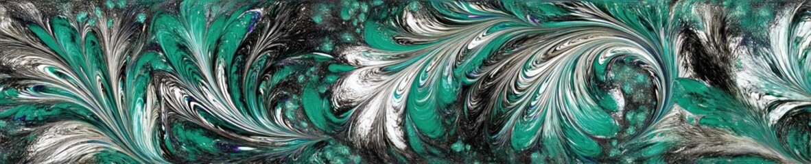 A flowing abstract composition features swirling shapes in teal, gray, and black