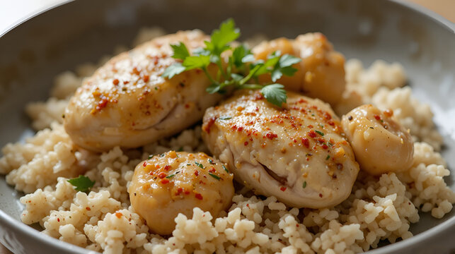 Chicken fricassee with basmati rice served in a shallow bowl garnished with fresh herbs and a sprinkle of paprika , meal