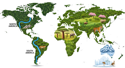 Vibrant Illustrated World Map Visualizing Earth's Diverse Ecosystems, Biomes, and Unique Wildlife Habitats Across Global Continents