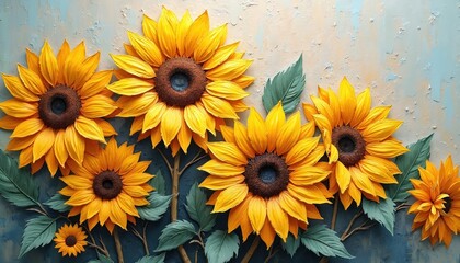 Vibrant yellow sunflowers bloom with green leaves and woody stems. Textured impasto art creates a 3D relief effect on a light background. Floral painting brings warm summer nature.