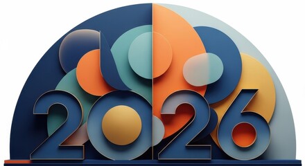 Modern 2026 new year illustration layered geometric shapes and numbers festive design for posters and banners