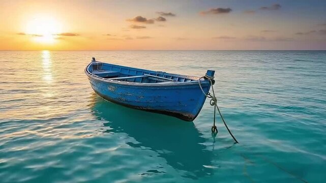 Tranquil blue rowboat floats on calm turquoise ocean at sunset