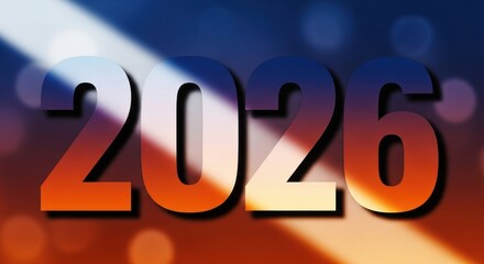 The year 2026 in bold numerals set against a blurred background with bokeh effects perfect for new year celebrations and event promotions