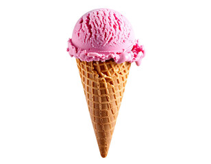 Strawberry ice cream cone isolated on white background, transparent PNG