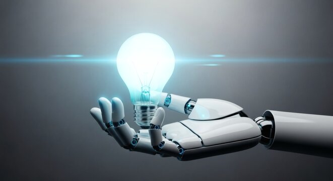 Artificial Intelligence Hand Holding Illuminated Light Bulb, Innovation Concept