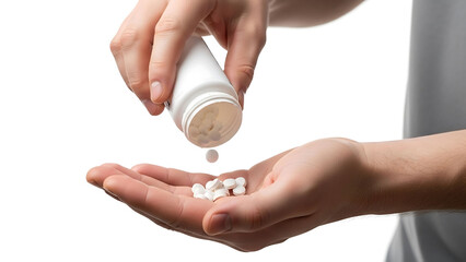 Man hand pouring medicine from blank white bottle into open palm, isolated on clean white background, medical healthcare concept, close up