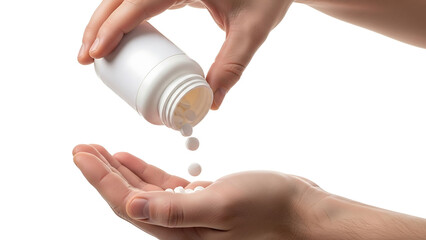Man hand pouring medicine from blank white bottle into open palm, isolated on clean white background, medical healthcare concept, close up