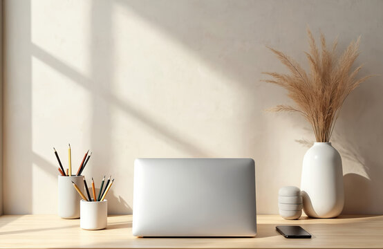 Modern wooden desk with white laptop, mobile phone, dry pampas grass in vase, white pencil holders with pencils. Minimalist workspace with natural light and shadows on light beige wall. - Powered by Adobe