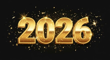 Elegant golden 2026 new year design shiny metallic numbers with confetti perfect for festive backgrounds and celebrations