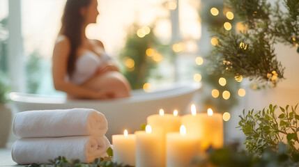 Serene pregnant woman relaxing in a candlelit spa bath surrounded by soft bokeh lights and lush greenery, embracing tranquility and self care.