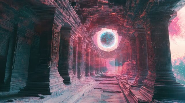 Ancient temple ruins with glowing cosmic portal