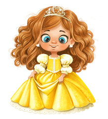 Cute cartoon little princess in yellow ball dress with a wavy lush hair isolated on white background