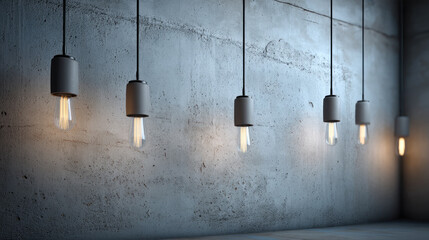 Hanging incandescent light bulbs illuminate rustic concrete wall, creating warm industrial atmosphere with minimalist interior design