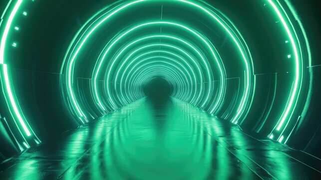 Futuristic green neon light tunnel creating abstract sci fi corridor