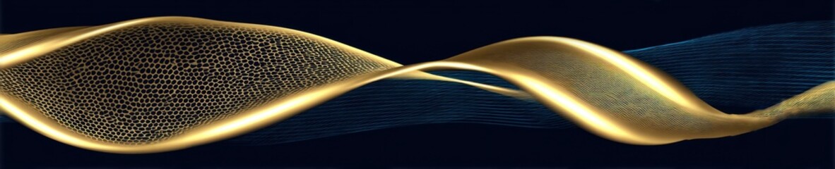 A flowing abstract design features two intertwined, glowing, golden wave-like forms on a dark background