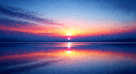 A breathtaking sunset over the tranquil sea, painting the sky with vibrant hues of orange, pink, and blue, creating a serene and picturesque scene